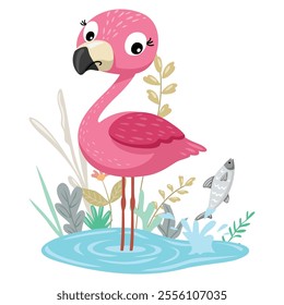 A pink flamingo standing in shallow water surrounded by aquatic plants and a leaping fish in cartoon style, vector illustration.