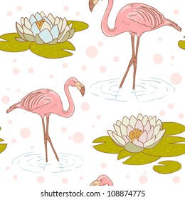 Pink flamingo standing in the water with water lily flower seamless texture