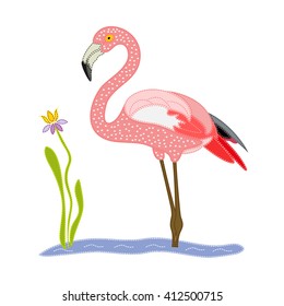 Pink Flamingo standing in the water. Flamingo patchwork on a white background