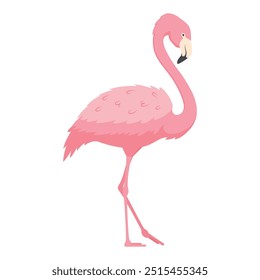 A pink flamingo stands alone, showcasing its elegant posture with a long neck and slender legs, embodying the beauty of nature in a calm environment.