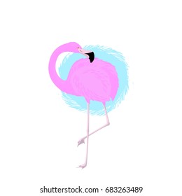 Pink Flamingo stands on one leg and looks back. Vector object isolated on white background and blue circle