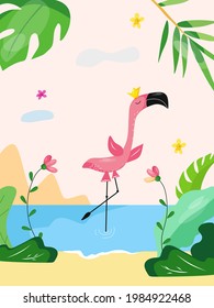 Pink flamingo stands in the water. An exotic bird. Summer vacation. Vector illustration in a flat cartoon style.