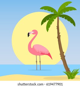 The pink flamingo stands in the water. Flamingo. Flat design, vector illustration, vector.