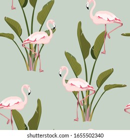 Pink flamingo, strelitzia leaves plant, vintage background. Vector floral seamless pattern. Tropical illustration. Exotic plants, birds. Summer beach design. Paradise nature.