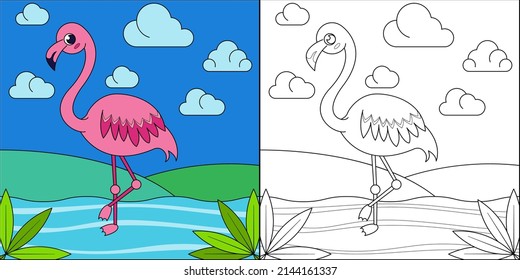 Pink flamingo suitable for children's coloring page vector illustration