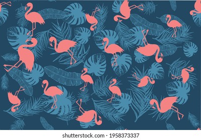 Pink flamingo, Summer background, hand drawn style, vector illustrations.	
