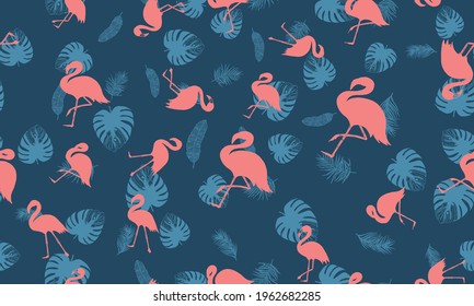 Pink flamingo, Summer background, hand drawn style, vector illustrations.	