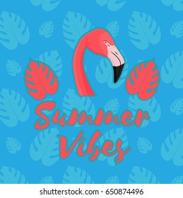 Pink flamingo summer illustration. Vector art.