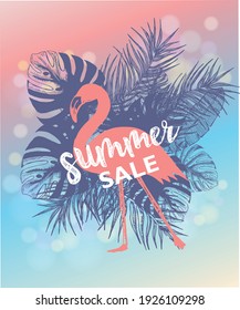 Pink flamingo, Summer sale, hand drawn style, vector illustrations.