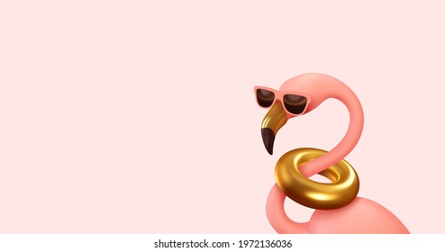 Pink flamingo In sun goggles realistic 3d element. Summer stylish design. Party banner, web poster. Abstract art. vector illustration isolated on pink background.