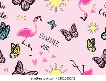 pink flamingo sun summer vibe heart  and butterfly design hand drawn art seamless