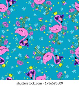 Pink flamingo in sunglasses and in a crown with a flowers pattern seamless background. Tropical print for textiles. Vector illustration.