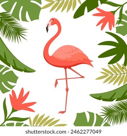 Pink flamingo surrounded by tropical leaves. Exotic tropical bird character. Isolated wildlife animal