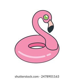 pink flamingo swim ring tube cartoon illustration isolated on transparent background. Vector summer vacation holiday rubber toy for pool, sea, traveling