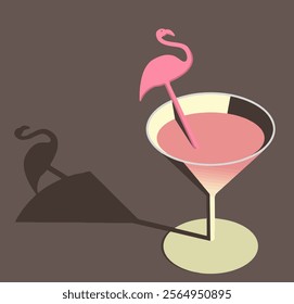 A pink flamingo swizzle stick is seen in a pink tropical rum drink in a 3-d illustration about vacation drinks and tropical fruit drinks.