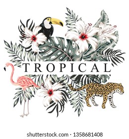 Pink flamingo, toucan, leopard, palm leaves, hibiscus, text Tropical, white background. Print for t shirt, card, poster template. Vector illustration. Summer beach floral design with birds, animal 