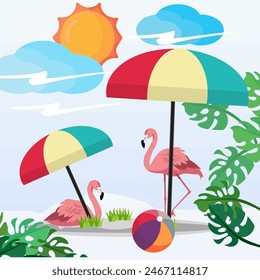 
Pink flamingo. Trendy tropical design. illustration of flaminggo, Monstera leaf, beach umbrella, and sun, in flat styl