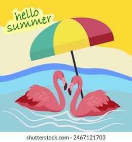 Pink flamingo. Trendy tropical design. illustration of flaminggo, sky and umbrella in flat style