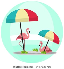 Pink flamingo. Trendy tropical design. illustration of flaminggo, sky and umbrella in flat style