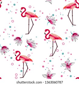 Pink flamingo tropical floral seamless pattern.Hibiscus flowers with exotic birds.Hawaiian background with flamingo and tropical plants.