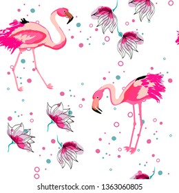 Pink flamingo tropical floral seamless pattern.Hibiscus flowers with exotic birds.Hawaiian background with flamingo and tropical plants.