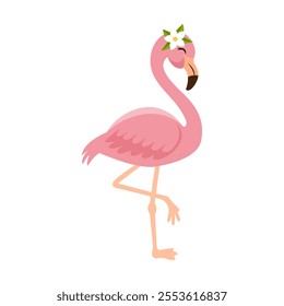 A Pink  flamingo with tropical flower. A cute and exotic bird.Vector Illustration