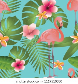 Pink Flamingo and Tropical Flowers Background. Vector illustration of exotic  palm leaves seamless floral pattern background. Can be used for web and mobile design.