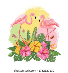 Pink flamingo with tropical flowers, butterflies and colorful blots. Summer floral composition with flamingo. Vector illustration.