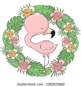 Pink flamingo with tropical flowers and leaves wreath