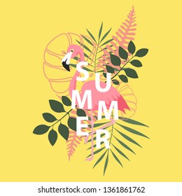 Pink flamingo, tropical flowers, palm leaves, bird of paradise flower. Beautiful vector floral jungle summer background