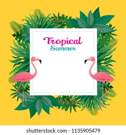 Pink Flamingo with Tropical Jungle Frame, Animal with Plant and Nature, Background