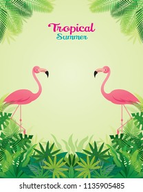 Pink Flamingo with Tropical Jungle Frame , Animal with Plant and Nature, Background