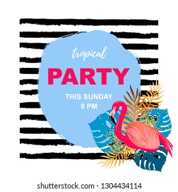 Pink flamingo, tropical leaves and black stripes. Flamingo party invitation. Place for your text. Vector illustration for party, banner, poster, web, invitation.
