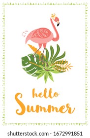 Pink flamingo Tropical leaves bouquet. Hello Summer text for flamingo party invitation Vector