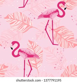 Pink flamingo with tropical leaves floral seamless pattern. Palm tree leaves with exotic birds. Flamingo floral background textile design.