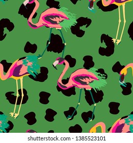 Pink flamingo with tropical leaves floral seamless pattern. Palm tree leaves with exotic birds. Flamingo floral background textile design. Great print for swimsuits.