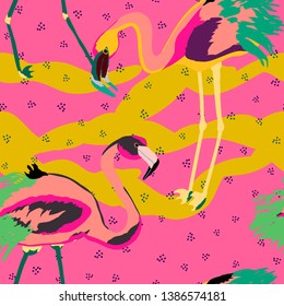 Pink flamingo with tropical leaves floral seamless pattern. Palm tree leaves with exotic birds. Flamingo floral background textile design. Great print for swimsuits.