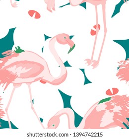 Pink flamingo with tropical leaves floral seamless pattern. Palm tree leaves with exotic birds. Flamingo floral background textile design. Great print for swimsuits.