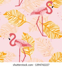 Pink flamingo with tropical leaves floral seamless pattern. Palm tree leaves with exotic birds. Flamingo floral background textile design.