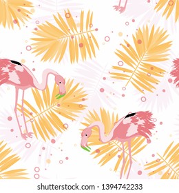 Pink flamingo with tropical leaves floral seamless pattern. Palm tree leaves with exotic birds. Flamingo floral background textile design.
