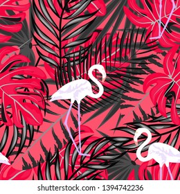 Pink flamingo with tropical leaves floral seamless pattern. Palm tree leaves with exotic birds. Flamingo floral background textile design.