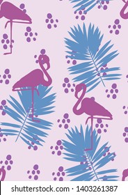 Pink flamingo with tropical leaves floral seamless pattern. Palm tree leaves with exotic birds. Flamingo floral background textile design.