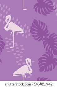 Pink flamingo with tropical leaves floral seamless pattern. Palm tree leaves with exotic birds. Flamingo floral background textile design.