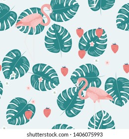 Pink flamingo with tropical leaves floral seamless pattern. Palm tree leaves with exotic birds. Flamingo floral background textile design.