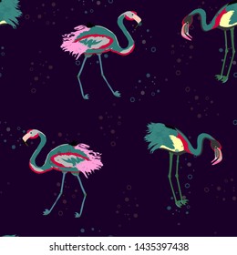 Pink flamingo with tropical leaves floral seamless pattern. Palm tree leaves with exotic birds. Flamingo floral background textile design.