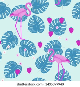 Pink flamingo with tropical leaves floral seamless pattern. Palm tree leaves with exotic birds. Flamingo floral background textile design.