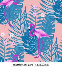 Pink flamingo with tropical leaves floral seamless pattern. Palm tree leaves with exotic birds. Flamingo floral background textile design.