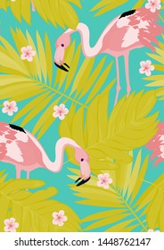 Pink flamingo with tropical leaves floral seamless pattern. Palm tree leaves with exotic birds. Flamingo floral background textile design.