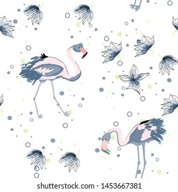 Pink flamingo with tropical leaves floral seamless pattern. Palm tree leaves with exotic birds. Flamingo floral background textile design. Great print for swimsuits.