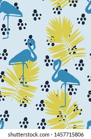 Pink flamingo with tropical leaves floral seamless pattern. Palm tree leaves with exotic birds. Flamingo floral background textile design.